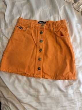 Minga London Orange Button-Front Denim A-Line Mini Skirt